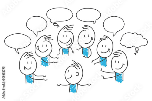 Stick figures. People with speech bubbles. Cartoon style. Social networks, news, social networks, chat, dialogue speech bubbles.
