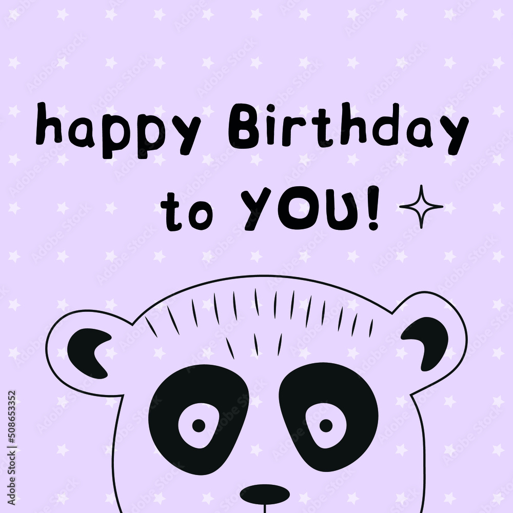 Cute card happy birthday.  Vector character in doodle style.  Peeping panda.  Colorful flat illustration.