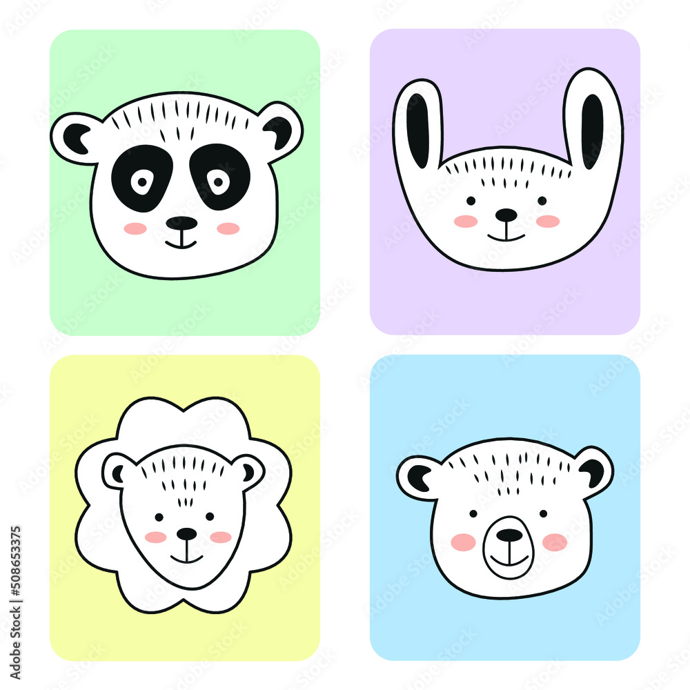 Vector cute characters in doodle style.  Colorful background with cartoon animals.  Colored flat illustration for your creativity.