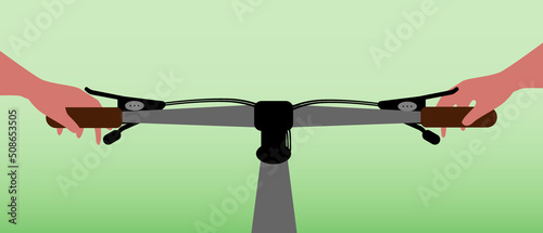 Bike handlebar and cyclist's hands, flat vector stock illustration, first-person view