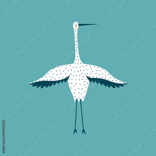 White stork hand drawn vector illustration. Isolated funny bird in flat style for kids logo or icon.