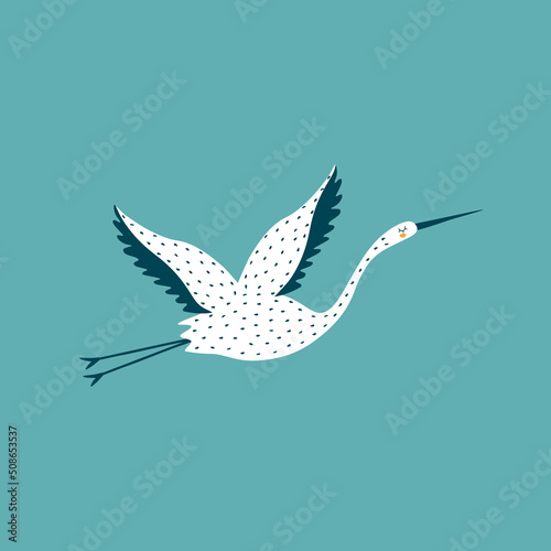 Adorable flying white stork hand drawn vector illustration. Isolated  baby character in flat style.Cute bird for kids logo or icon.