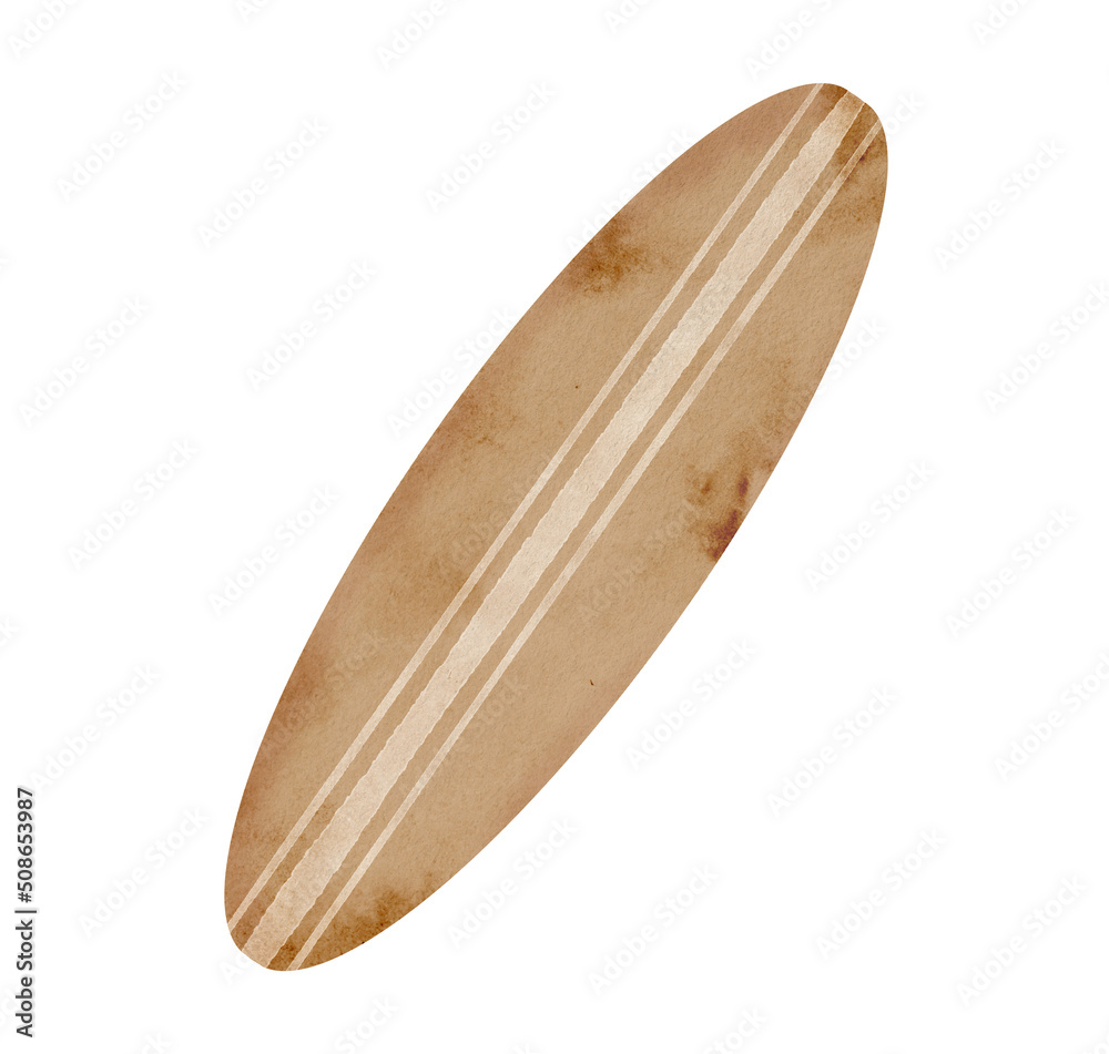 Watercolor surfboard illustration. Hand painted brown striped surf board isolated on white background. Ocean wave extreme sport equipment. Summer holiday design, beach vacation print. Watercolor surfboard illustration. Hand painted brown striped surf board isolated on white background. Ocean wave extreme sport equipment. Summer holiday design, beach vacation print.