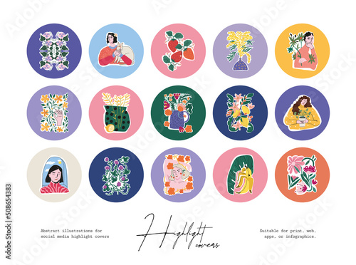Set of hand drawn line art boho style vector illustrations. Vector set design templates icons and emblems - social media story highlight.