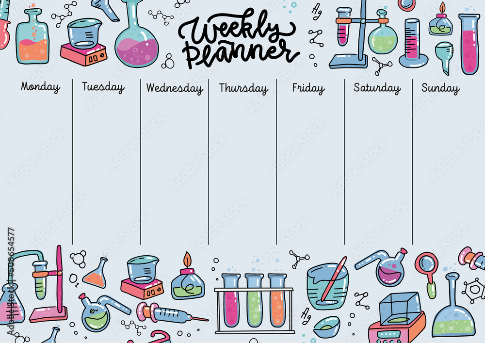 School weekly planner with flasks and text tubes of chemical labaratory. Copyspace Template school timetable for students with free spaces. Hand drawn vector illustration. A4 CMYK printable template - obrazy, fototapety, plakaty 