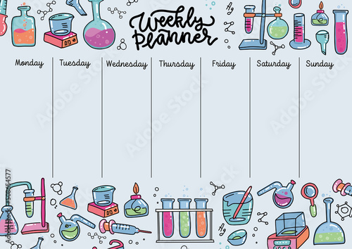 School weekly planner with flasks and text tubes of chemical labaratory. Copyspace Template school timetable for students with free spaces. Hand drawn vector illustration. A4 CMYK printable template