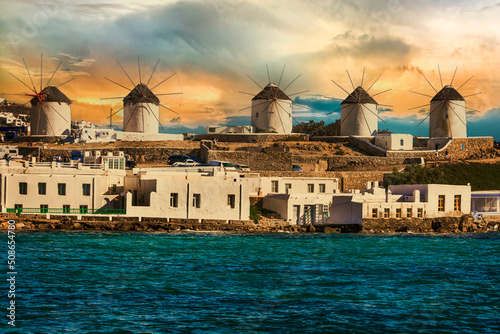 Obraz na płótnie Traditional greek windmills of Mykonos island over sunset. Greece, Cyclades w salonie