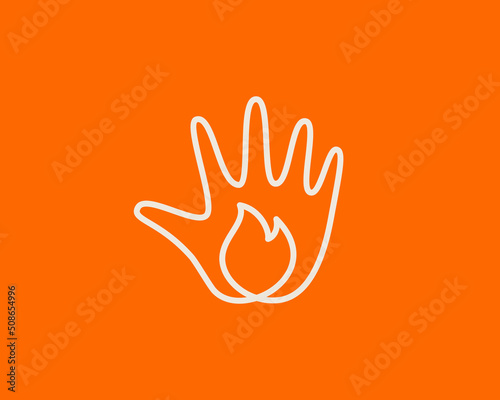 Abstract hand palm with fire icon logo design template. Creative line art danger, burning, energy vector sign symbol mark logotype.