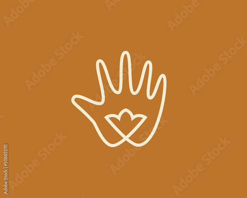 Abstract hand palm with flower logo design template. Creative line art bud, orangery vector sign symbol mark logotype.