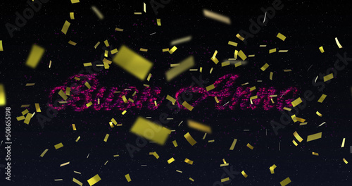 Image of buon annee text in pink with pink new year fireworks and gold confetti in night sky