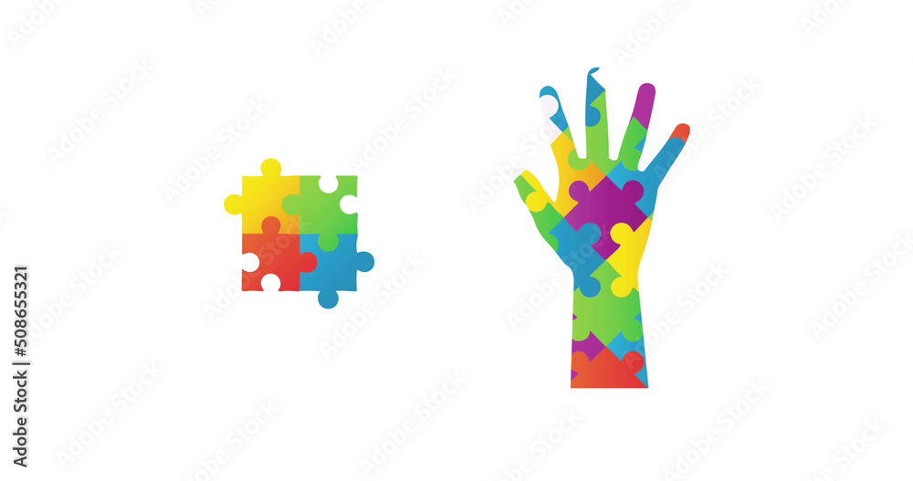 Image of autism colourful puzzle pieces forming hand and square on white background