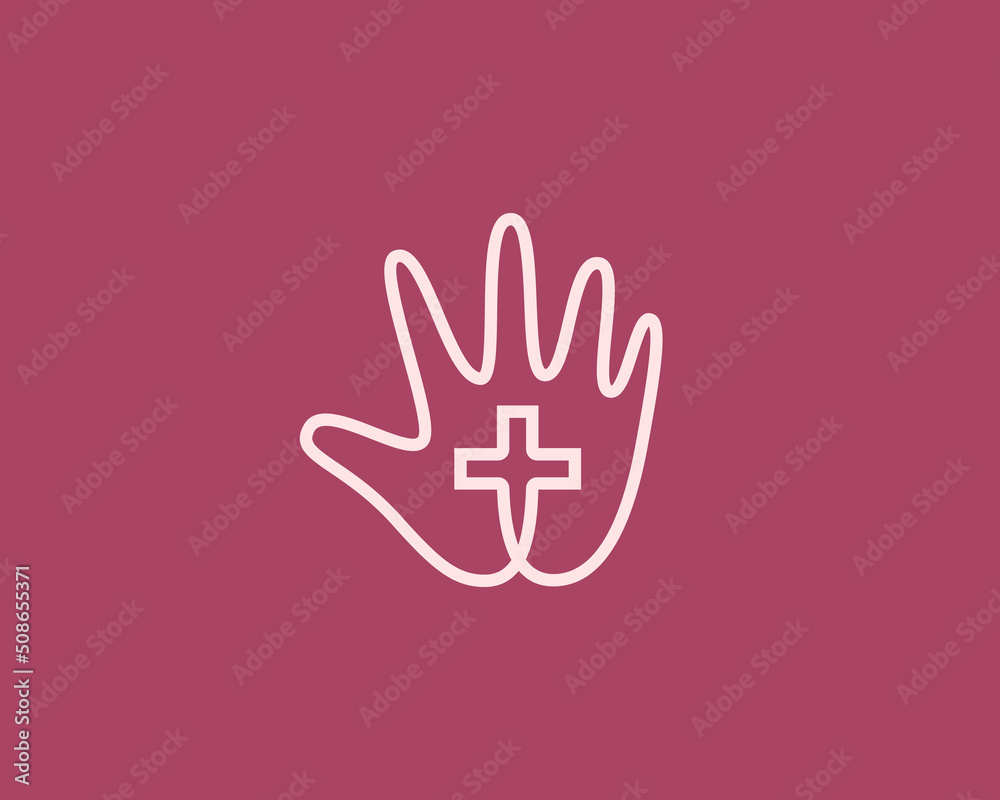 Obraz premium Continue line art of hand holding a Christian cross. Universal religion, faith, holy vector sign symbol logotype.