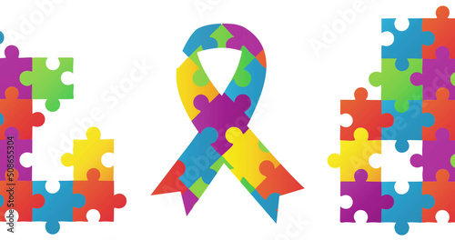 Image of colourful puzzle pieces autism awareness month ribbon