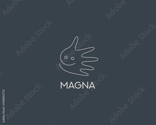 Abstract thin line hand and smile icon logo design template. Premium line art cute handprint, daycare, education vector sign symbol logotype isolated on dark background.