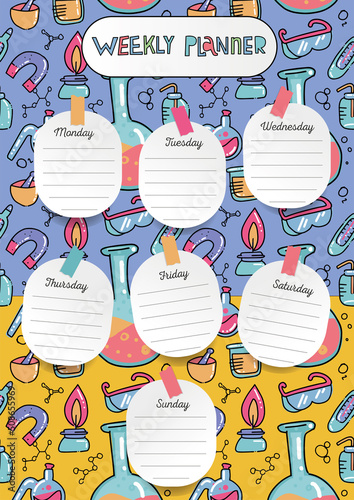 Modern weekly planner template with doodle abstract chemical background for stationery, daily plans and schedules.Hand drawn flask, laboratory text tube. Doodle vector illustration. A4 printable sheet