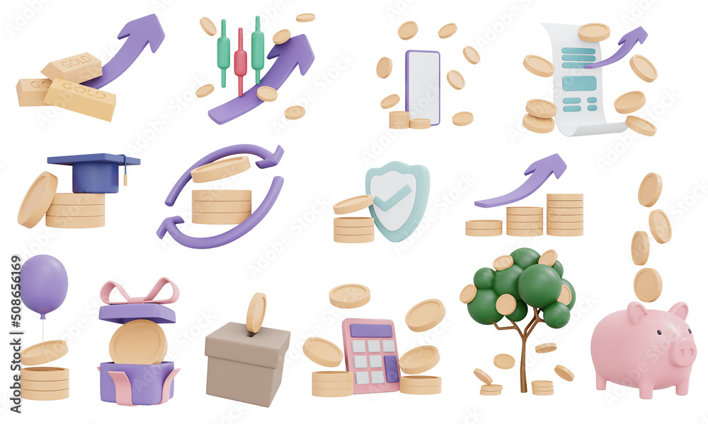 3D Rendering of money icon set concept of financial management isolated on white background. 3D Render illustration cartoon style.