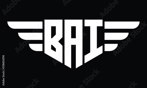 BAI three letter logo, creative wings shape logo design vector template. letter mark, wordmark, monogram symbol on black & white.