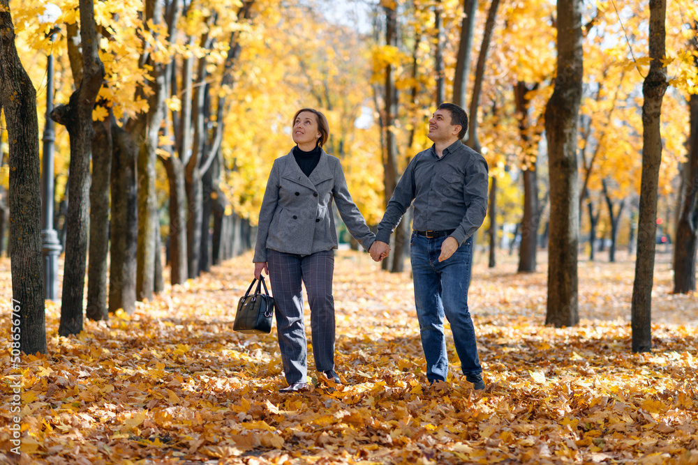 portrait of a romantic couple in an autumn city park, a man and a woman walking and posing against the background of yellow maple leaves, a bright sunny day portrait of a romantic couple in an autumn city park, a man and a woman walking and posing against the background of yellow maple leaves, a bright sunny day
