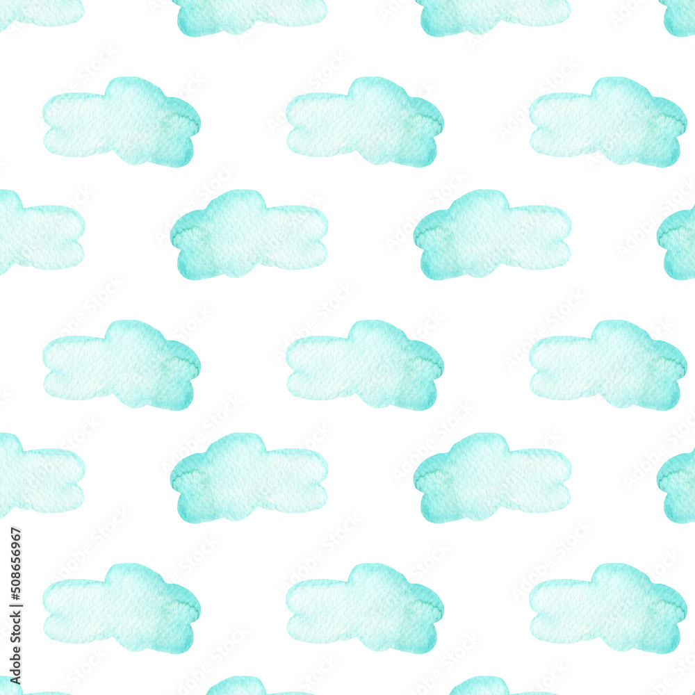 Fototapeta premium Seamless pattern made of blue clouds, painted with watercolor, isolated on white background. Watercolor blue clouds seamless pattern.