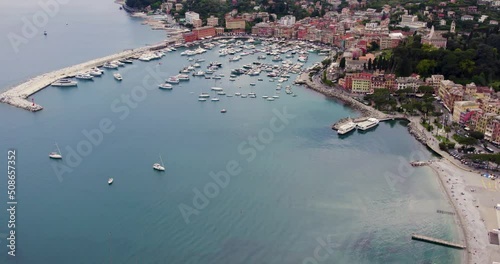 Aerial of tourist resort town Santa Margherita Ligure harbour with yachts photo