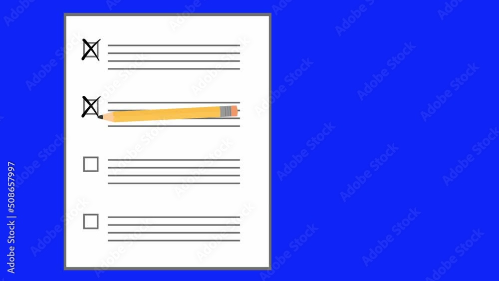 Animation of a pencil marking crosses, on a sheet with checkbox options. On a blue chroma key background	
