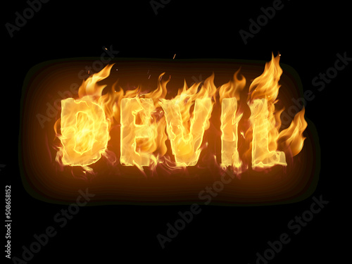 Fiery inferno with word devil