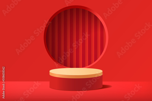Empty 3d round podium with red abstract geometric shape background