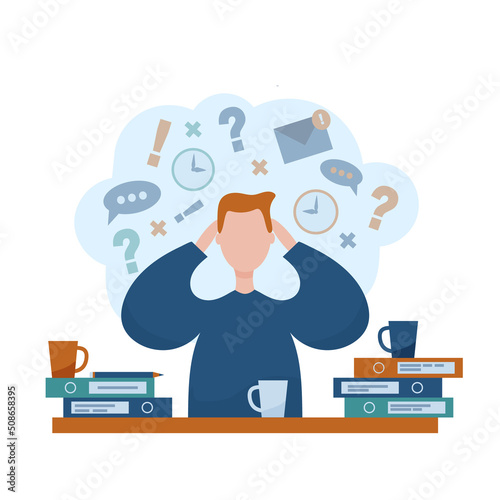 Emotional burnout Man under anxiety pressure Social demands and work life balance problems Concept vector illustration.