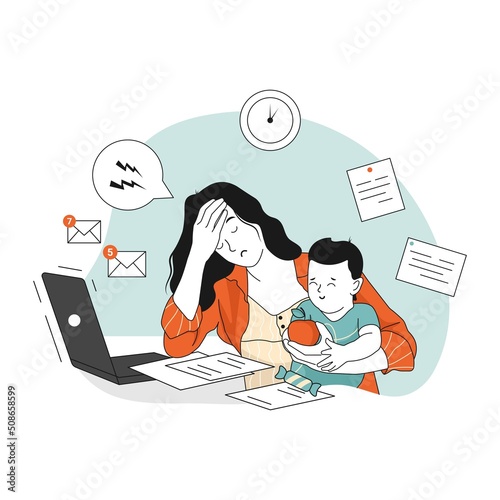 Tired Mom trying to Work, holding baby in her arms. Professional Mom, maternity and job. Hand drawn style, vector illustration.