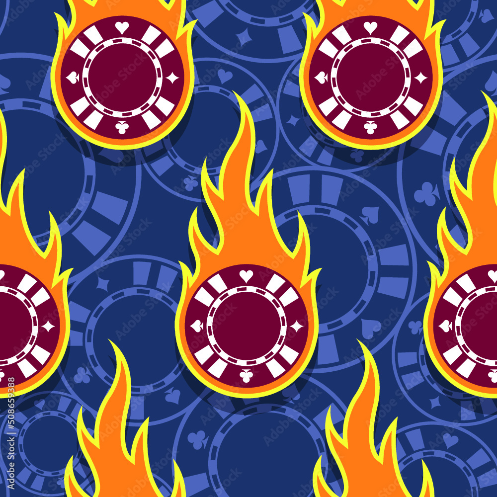 Casino poker chips icons and fire flames vector art seamless pattern textile and wallpaper design