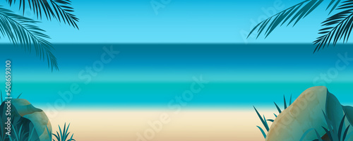 Summer blank horizontal banner , template for social media, ads. Vector Summer banner in  beautiful seaside landscape with palm branches.