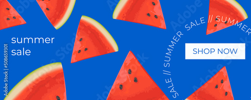 Summer sale horizontal banner , template for social media, ads. Vector Summer sale banner in modern design with watermelon slices. Banner with button "Shop now".