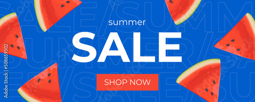 Summer sale horizontal banner , template for social media, ads. Vector Summer sale banner in modern design with watermelon slices. Banner with button "Shop now".