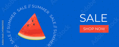 Summer sale horizontal banner , template for social media, ads. Vector Summer sale banner in modern design with watermelon slices. Banner with button "Shop now".