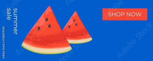 Summer sale horizontal banner , template for social media, ads. Vector Summer sale banner in modern design with watermelon slices. Banner with button "Shop now".