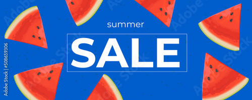 Summer sale horizontal banner , template for social media, ads. Vector Summer sale banner in modern design with watermelon slices.