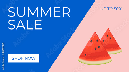 Summer sale horizontal banner, template for ads. Vector Summer sale banner in modern design with watermelon slices. Banner with button "Shop now".