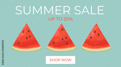 Summer sale horizontal banner, template for ads. Vector Summer sale banner in modern design with watermelon slices. Banner with button "Shop now".
