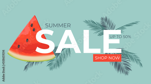 Summer sale horizontal banner, template for ads. Tropical leaves background, exotic floral design. Vector Summer sale banner in modern design with watermelon slices. Banner with button "Shop now".