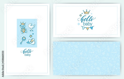 Baby Shower Invitations Templates. Baby Arrival Cartoon Vector Posters with baby icons and pattern. It is a boy.