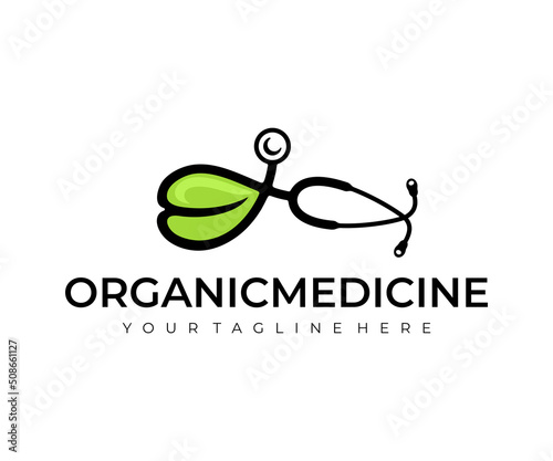 Medicine, medical, organic, stethoscope and leaf, logo design. Cardiology, plant, ethnoscience, diseases and treatment, vector design and illustration