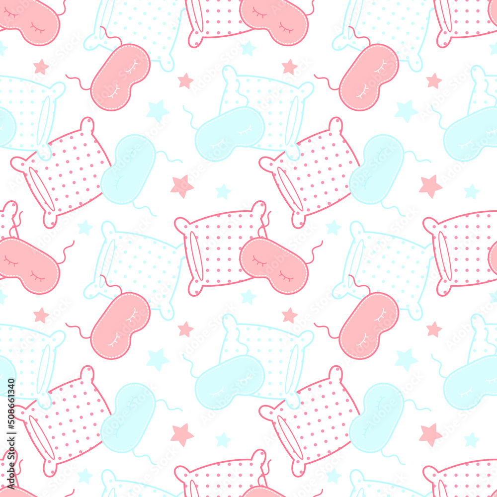 Sleep seamless pattern. Red and blue pillows, eye patches and stars on a light white background. Night, dream. Vector illustration Sleep seamless pattern. Red and blue pillows, eye patches and stars on a light white background. Night, dream. Vector illustration