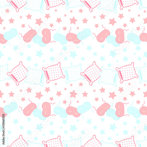 Sleep seamless pattern. Red and blue pillows, eye patches and stars arranged in stripes on a light white background. Night, dream. Vector illustration