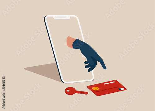 Stealing credit card information through the phone, Vector illustration in flat style. photo