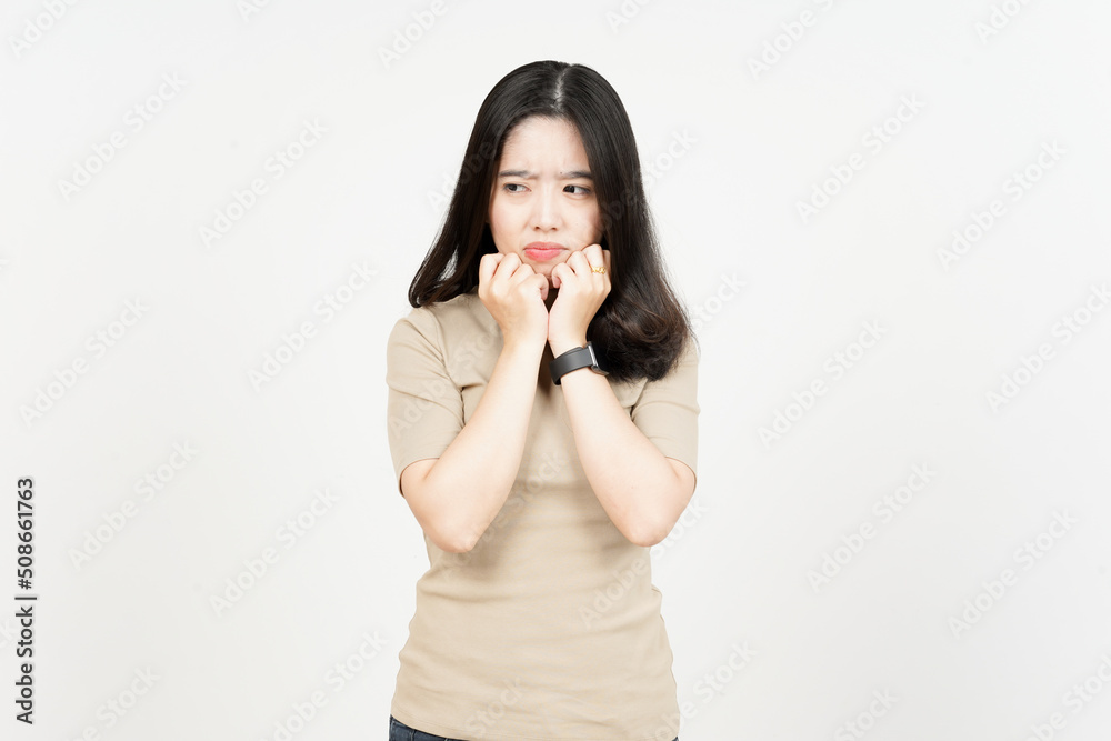 Hands Under Chin with Sad Face Expression Of Beautiful Asian Woman Isolated On White Background Hands Under Chin with Sad Face Expression Of Beautiful Asian Woman Isolated On White Background