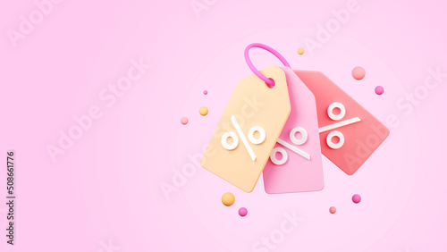 3d price tags with percent discount inscription isolated on blush pink background. Discount coupon. Concept of online sale. 3d rendering illustration of promo tag coupon, sale voucher photo