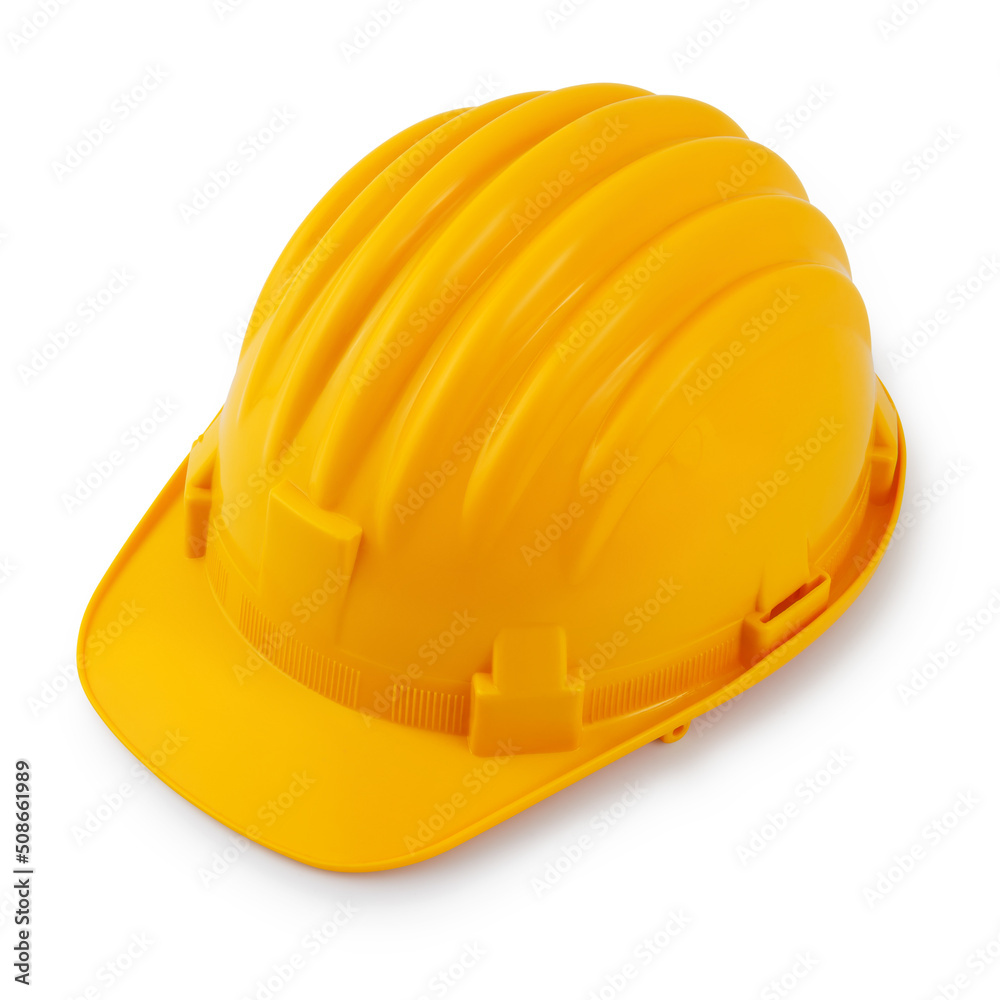 Fototapeta premium Yellow work helmet isolated on white background. Safety hard hat for building or industrial job