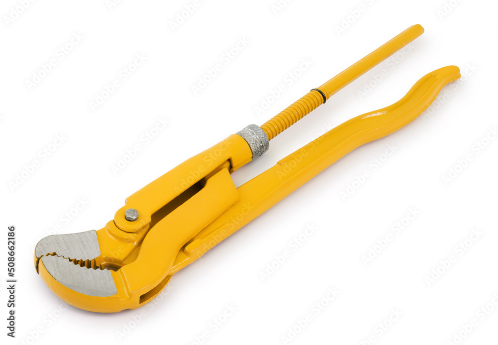 Pipe plumber wrench, tool for construction or industrial works, colored in yellow isolated on white background. Pipe plumber wrench, tool for construction or industrial works, colored in yellow isolated on white background.