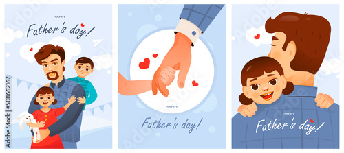 A set of postcards for Father's Day. Father and child. Cute cartoon vector illustration.
