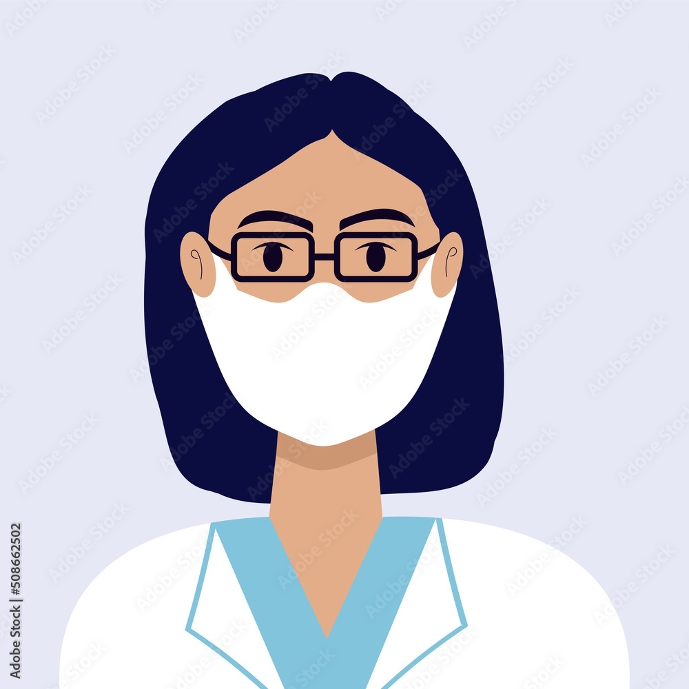 Doctor woman isolated wearing a mask. Healthcare concept, coronavirus, prevention, immunize, treatment, vector. Doctor woman isolated wearing a mask. Healthcare concept, coronavirus, prevention, immunize, treatment, vector.